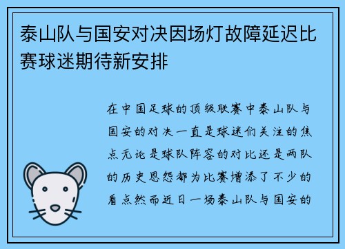泰山队与国安对决因场灯故障延迟比赛球迷期待新安排