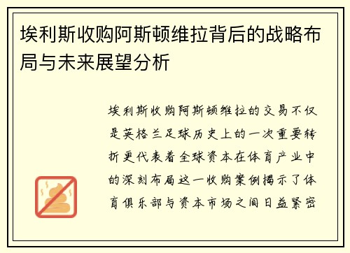 埃利斯收购阿斯顿维拉背后的战略布局与未来展望分析